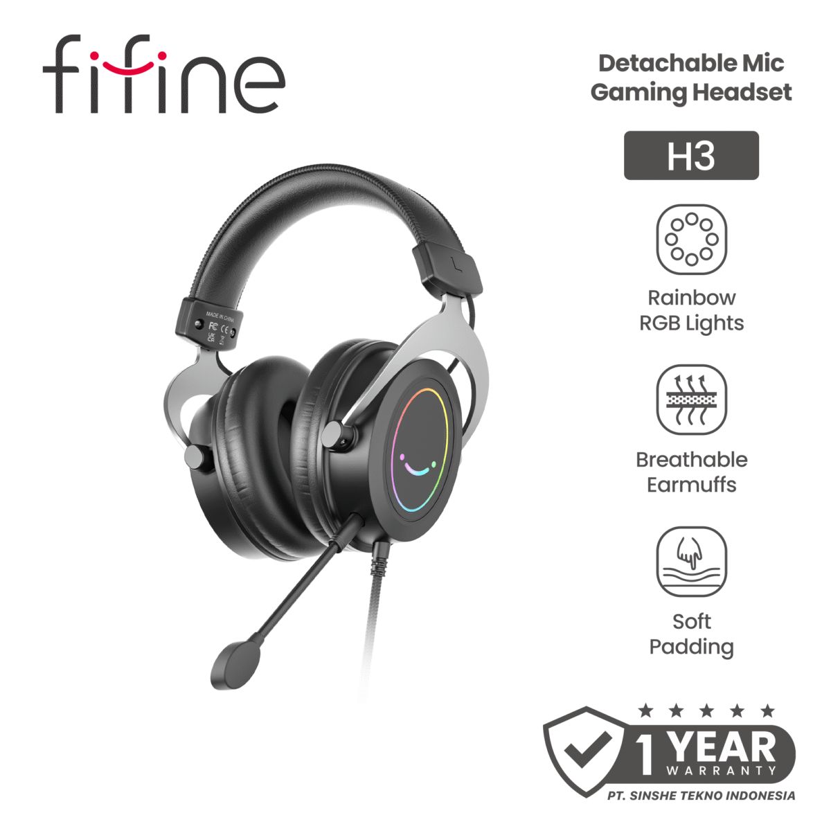 FIFINE Technology AmpliGame H3 Headphone RGB Headset Gaming Stereo with Detachable Mic