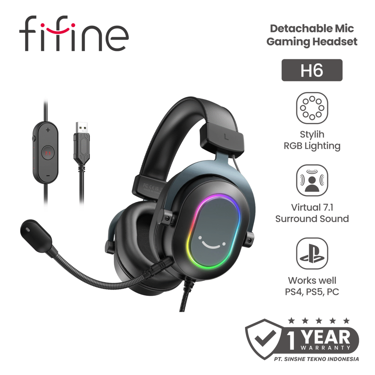Fifine H6 Headphone Gaming Headset Gaming Headphone RGB 7.1 Audio with Detachable Mic
