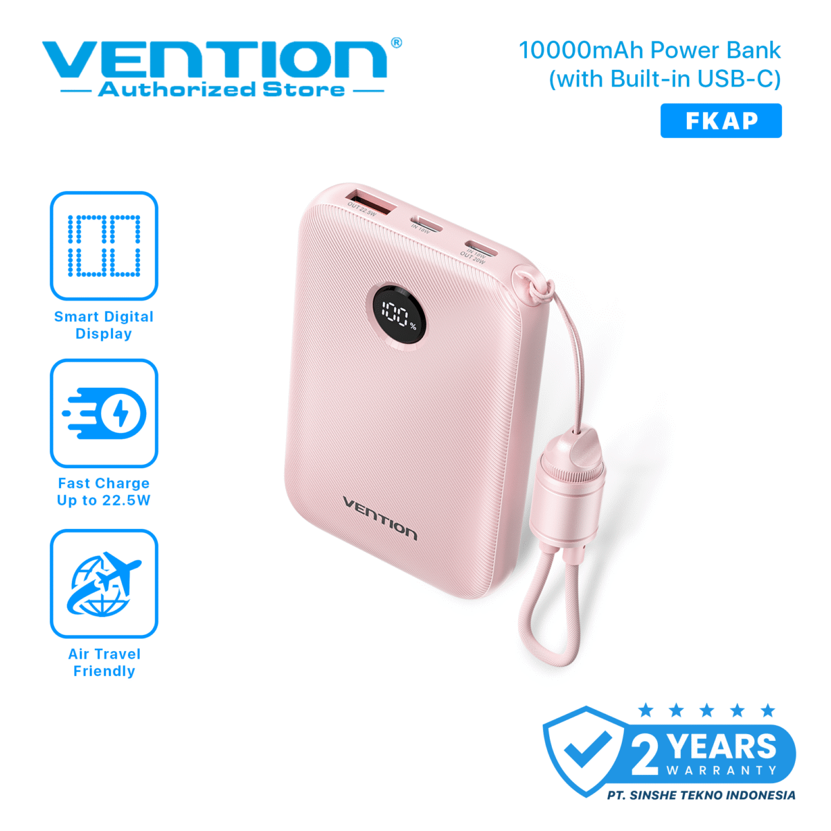 Vention Powerbank 10000mAh 22.5W Built in Cable Fast Charging Dual Port USB-C USB-A for iPhone Android