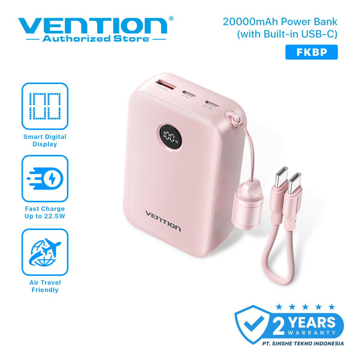 Vention Powerbank 20000mAh 22.5W Built in Cable Fast Charging Dual Port USB-C USB-A for iPhone Android