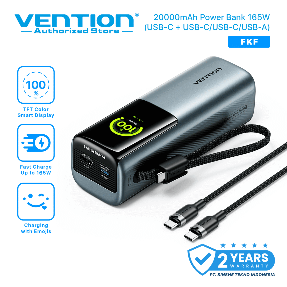 Vention Powerbank 20000mAh 100W Built In Cable USB-C Dual Output 165W Fast Charging Android iPhone Macbook Laptop